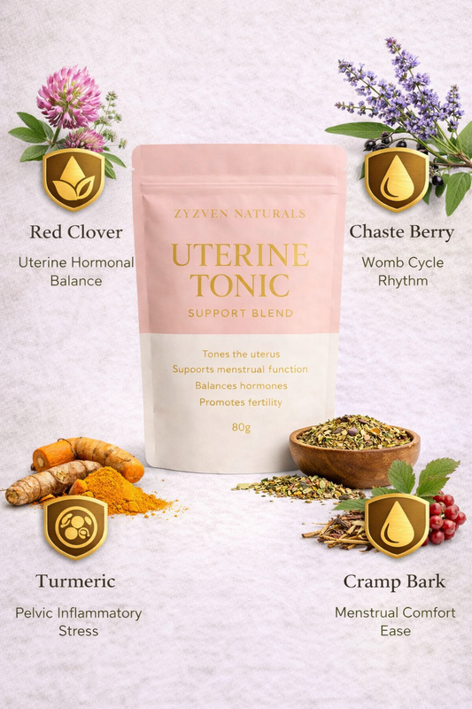 Uterine Tonic support blend packaging with herbs and flowers on a light background