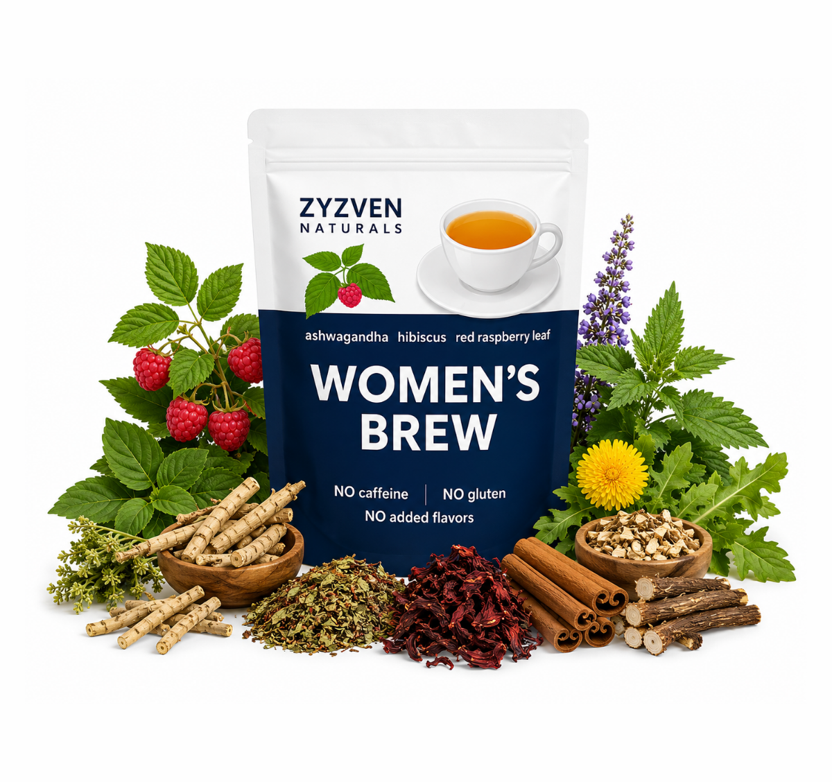 ZYZVEN Naturals Women's Brew package with herbs and plants on a white background