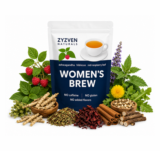 ZYZVEN Naturals Women's Brew package with herbs and plants on a white background
