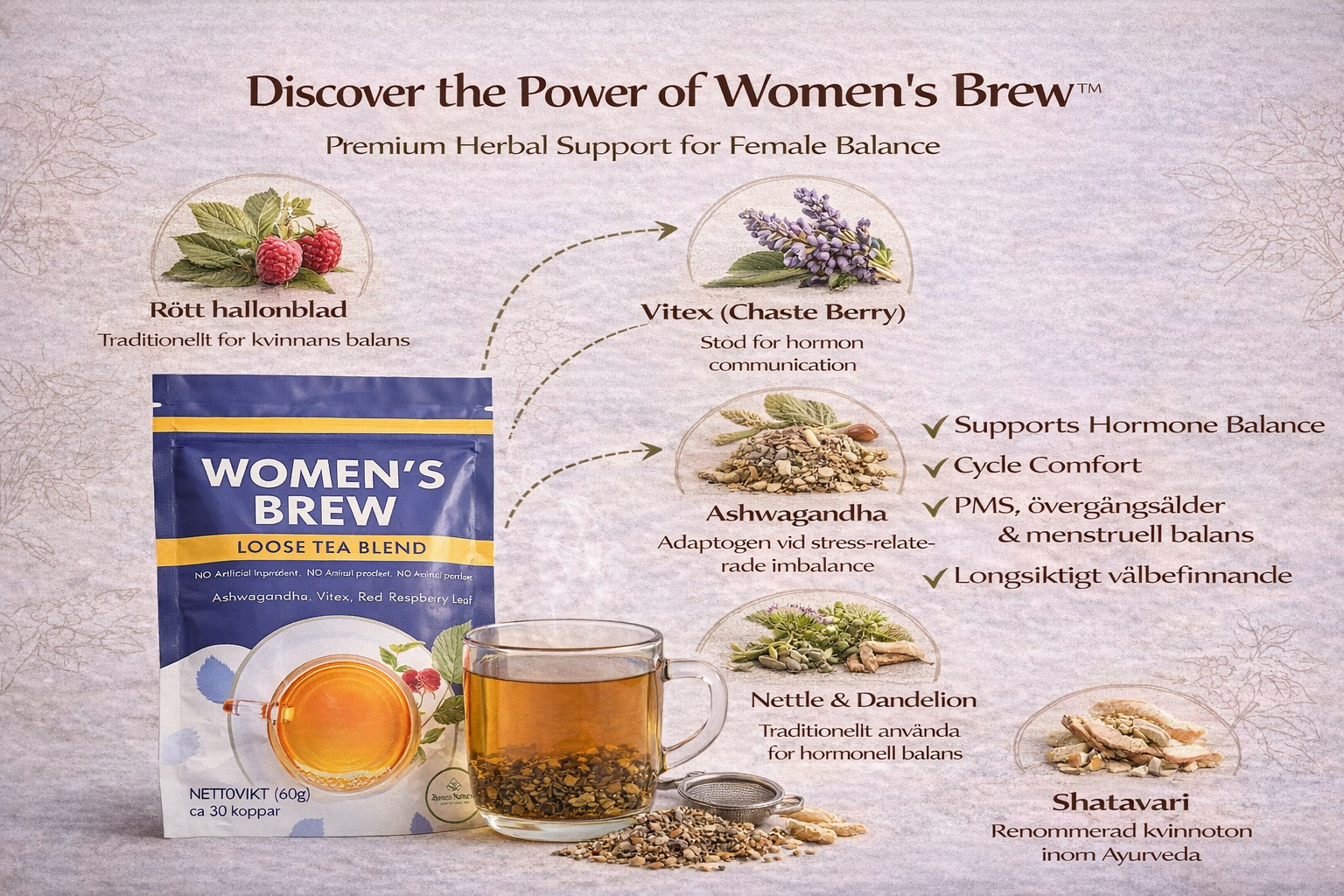 Women's Brew Women's Wellness Herbal Tea 60g organic vegan herbal tea, GMP certified and third-party lab tested