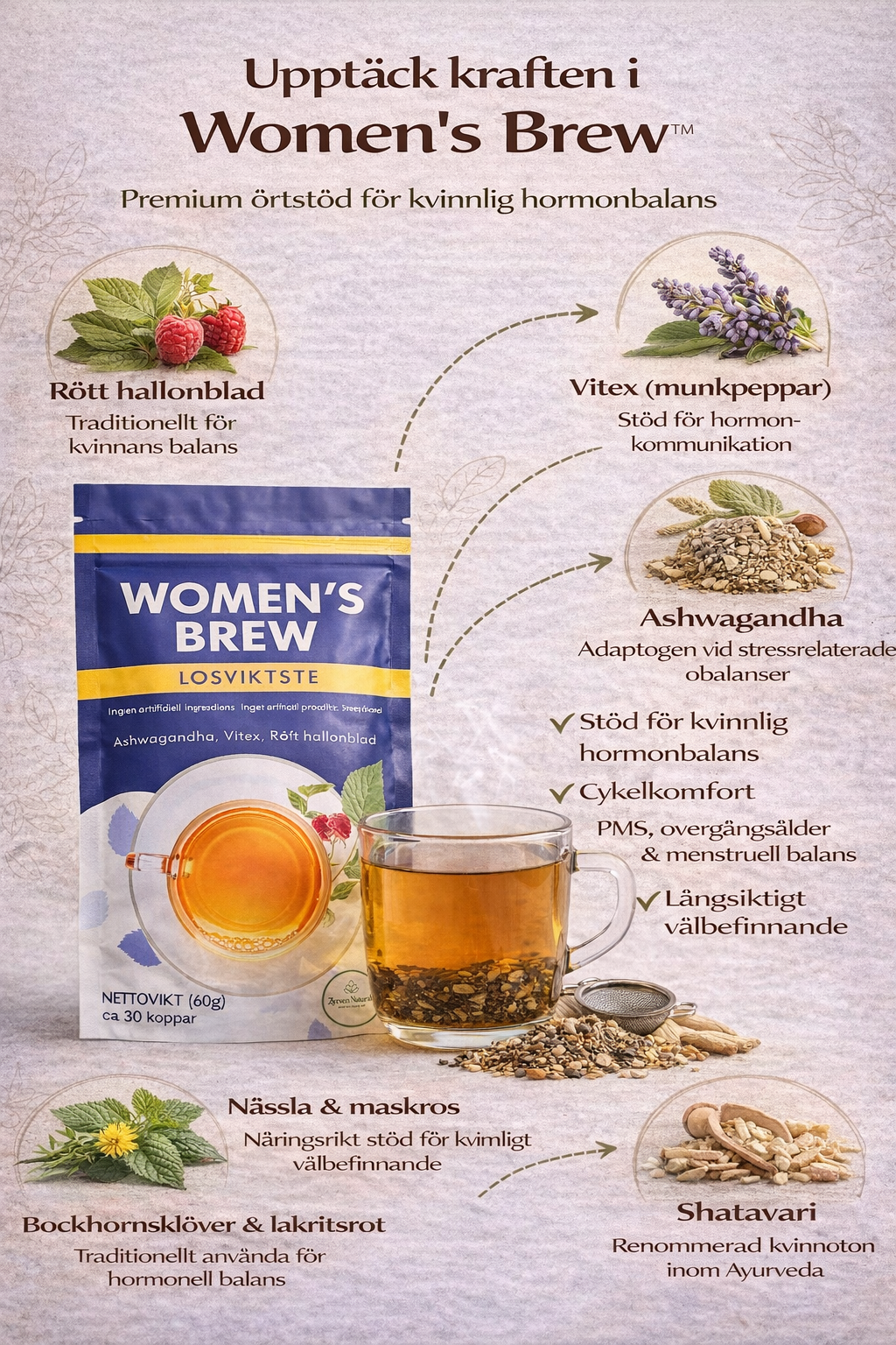 Women's Brew Women's Wellness Herbal Tea 60g organic vegan herbal tea, GMP certified and third-party lab tested